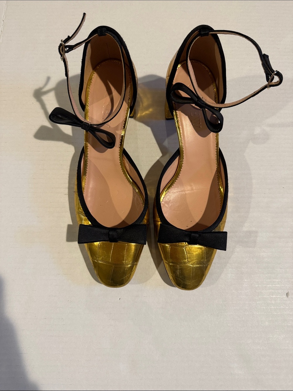 J. Crew Gold Croc-Texture Ankle-Strap Heels with Black Bows